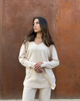 Beige V-Neck Knit Pullover