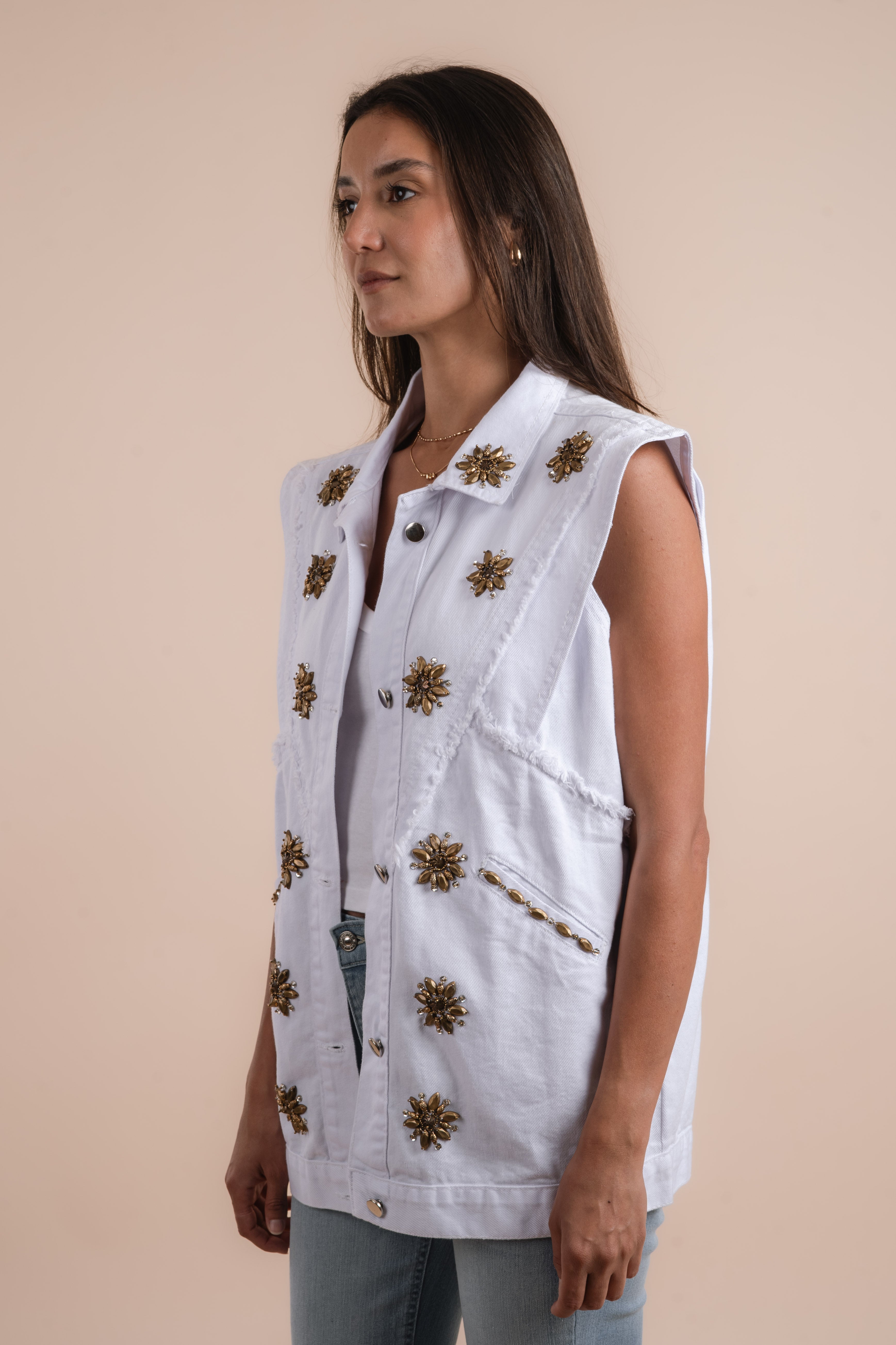 White denim vest gold embelishments – nahlaelalfydesigns