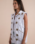 Restocking - White denim vest gold embelishments