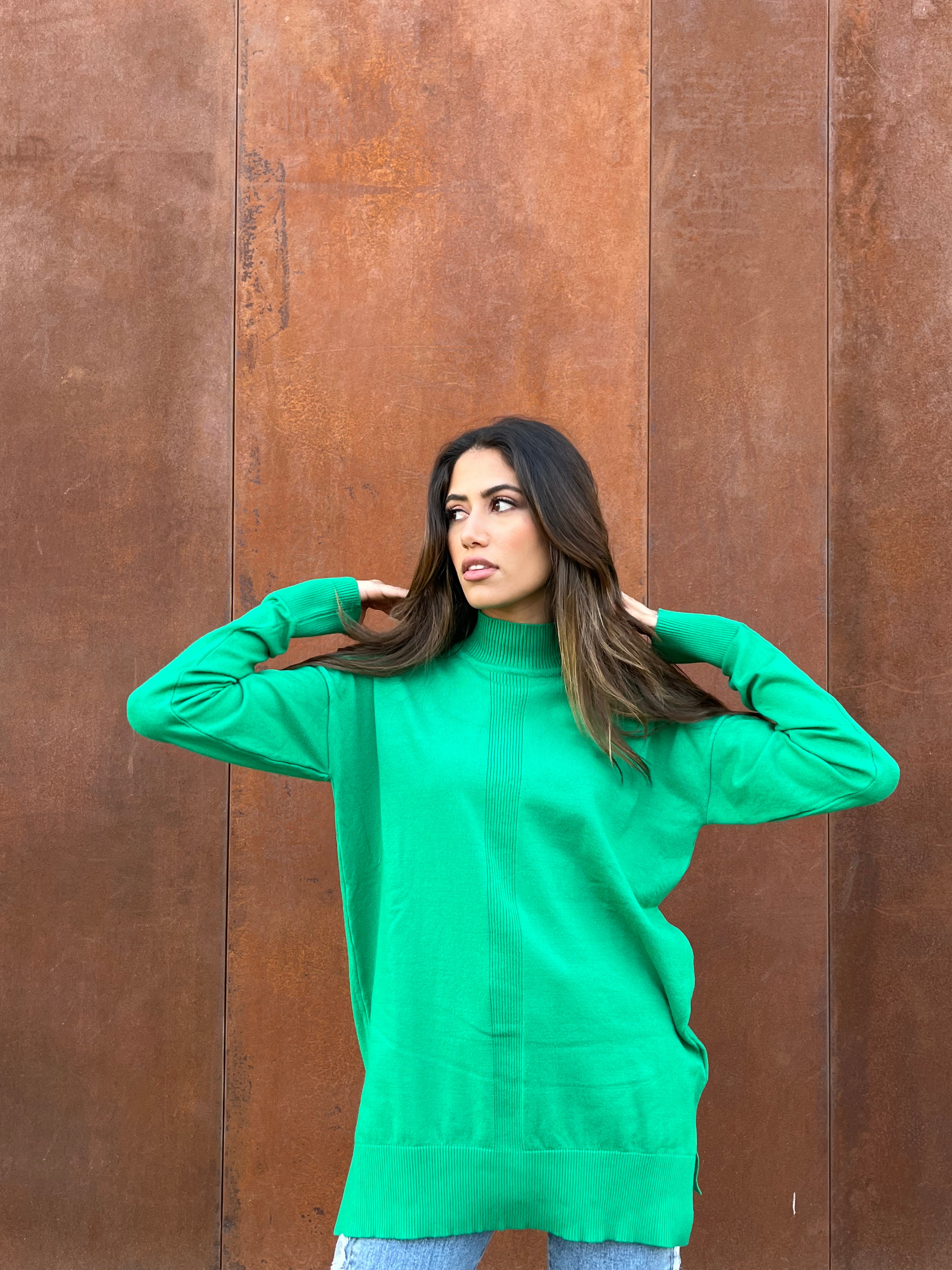Green Rib-Knit Cropped Fitted Pullover