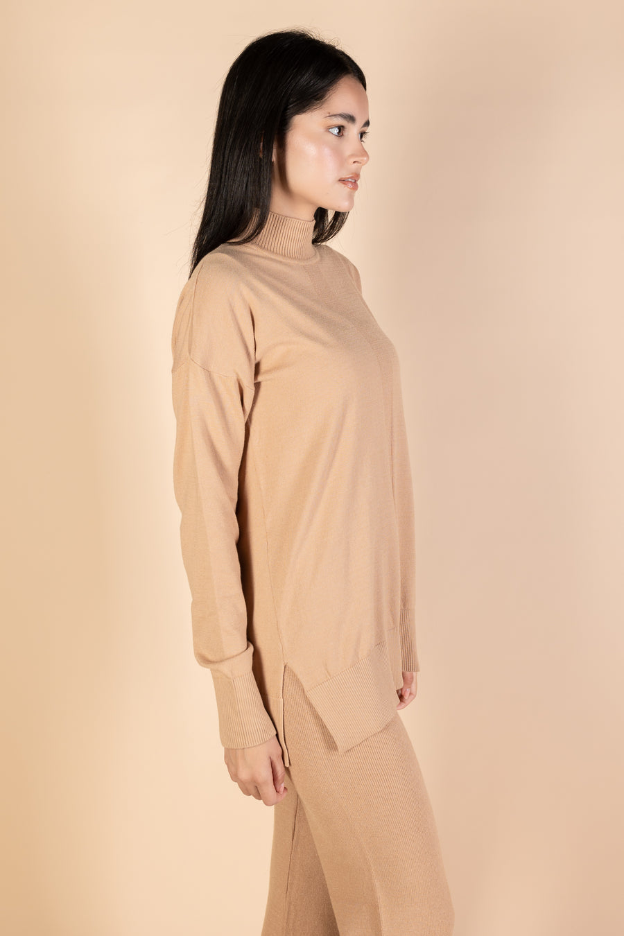 Camel High Neck Knit Pullover