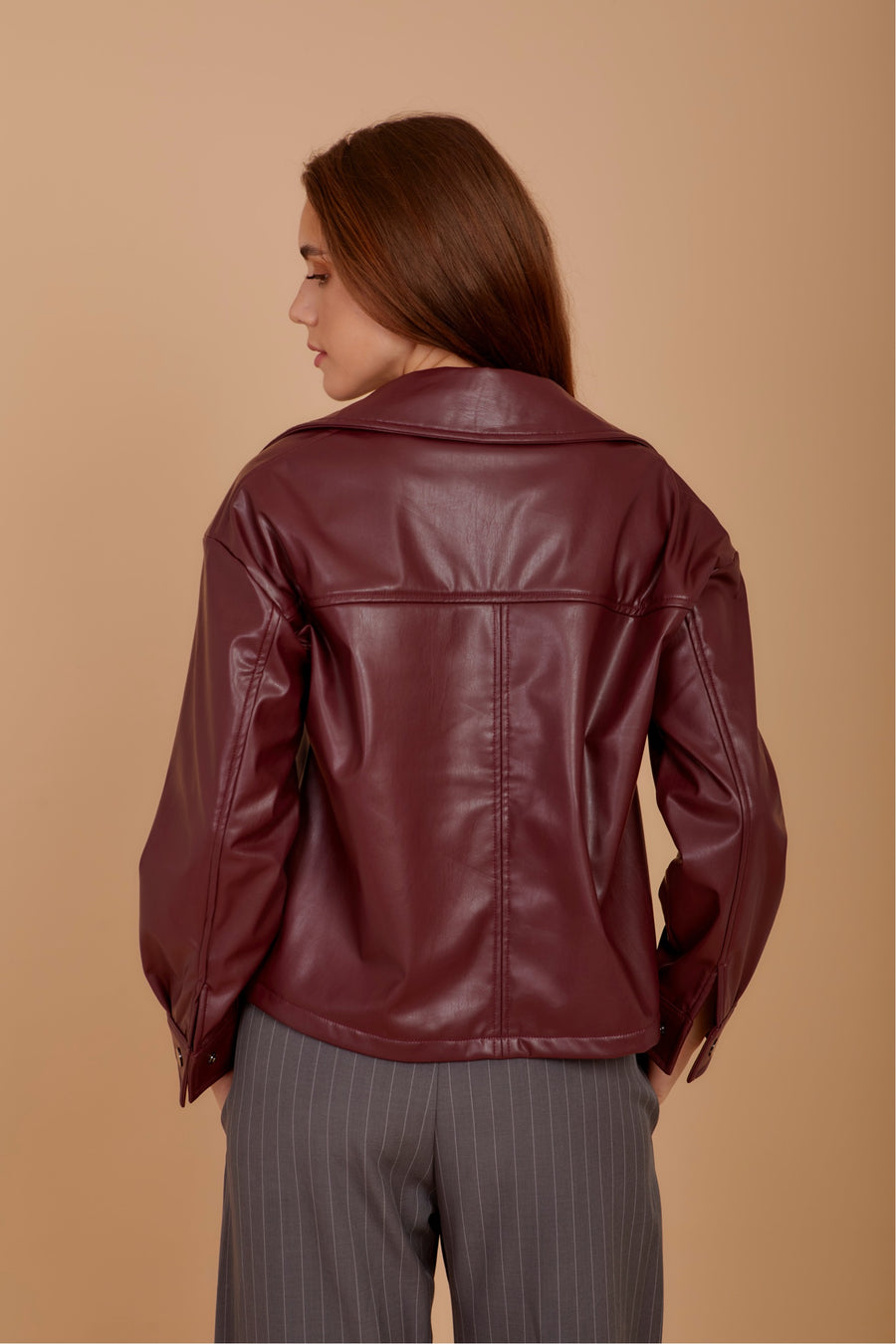 Short leather over-shirt - Burgundy