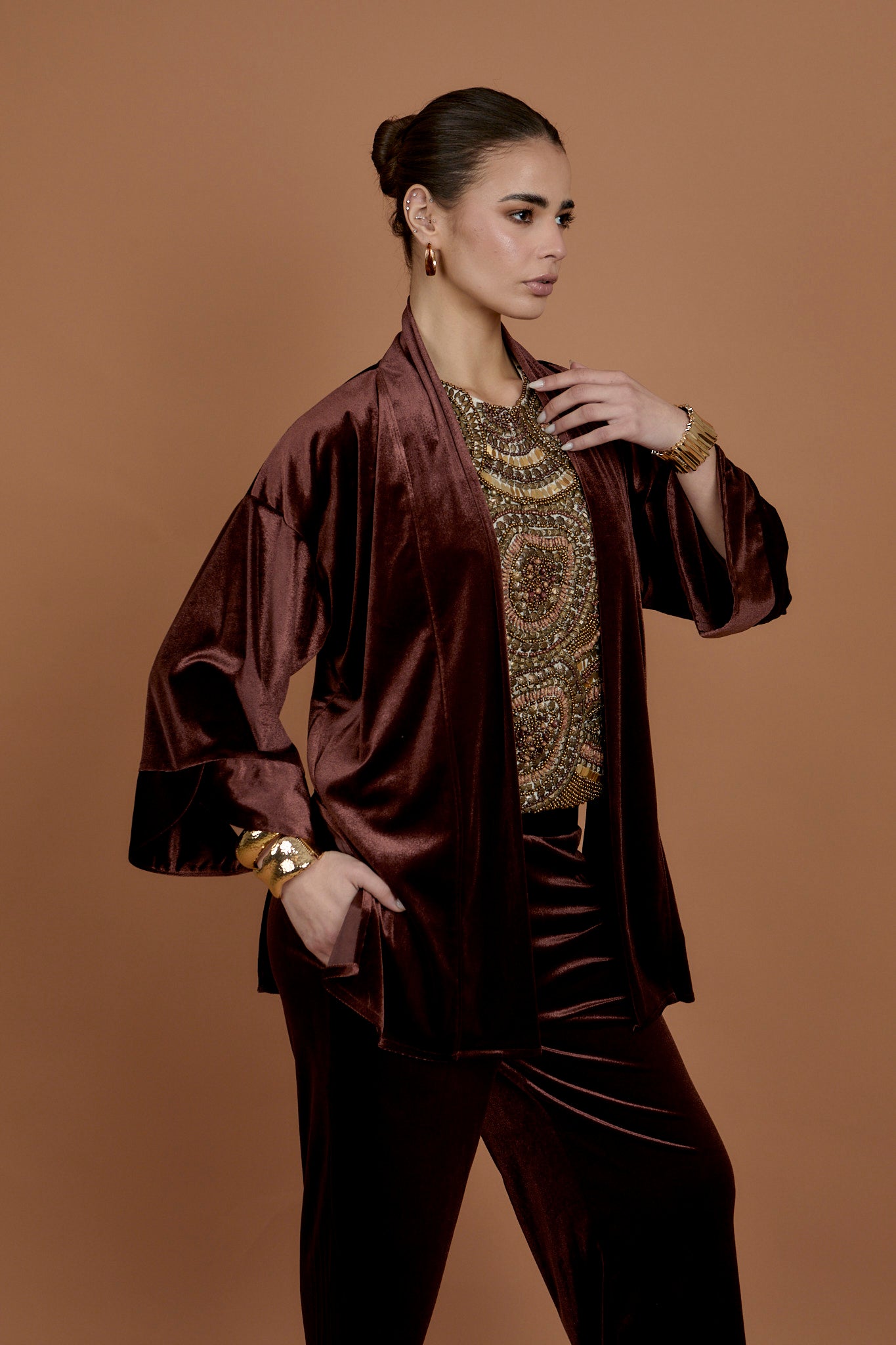 Brown Velvet set  - Kimono +pants