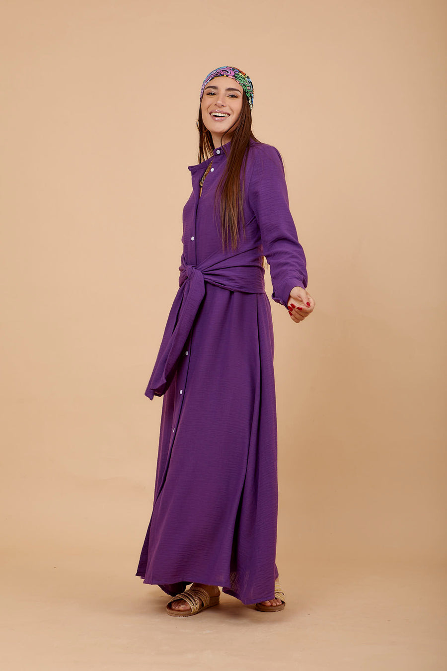 Purple Linen tye around shirt dress