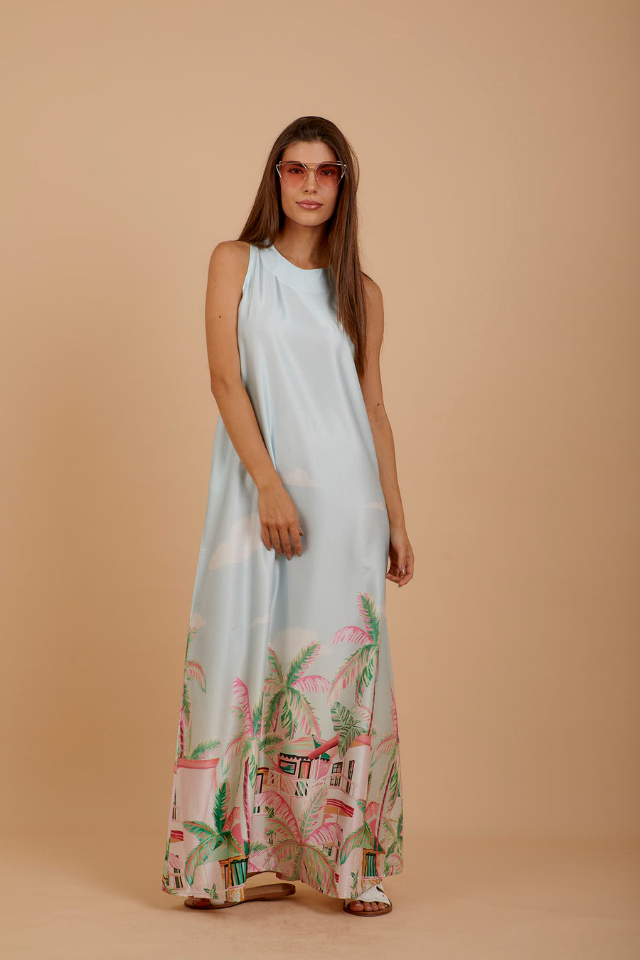 Palm print satin sleeveless Dress