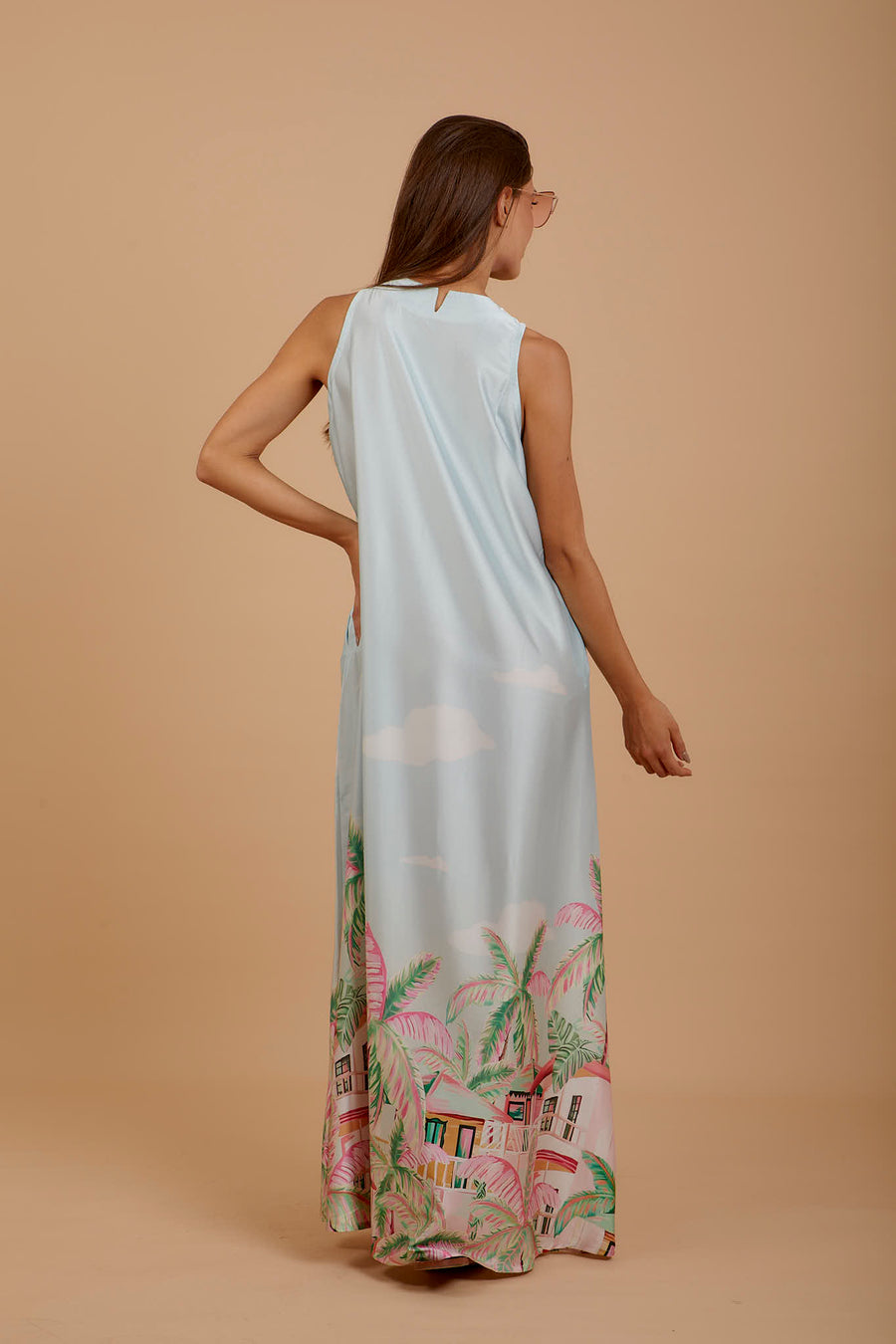 Palm print satin sleeveless Dress