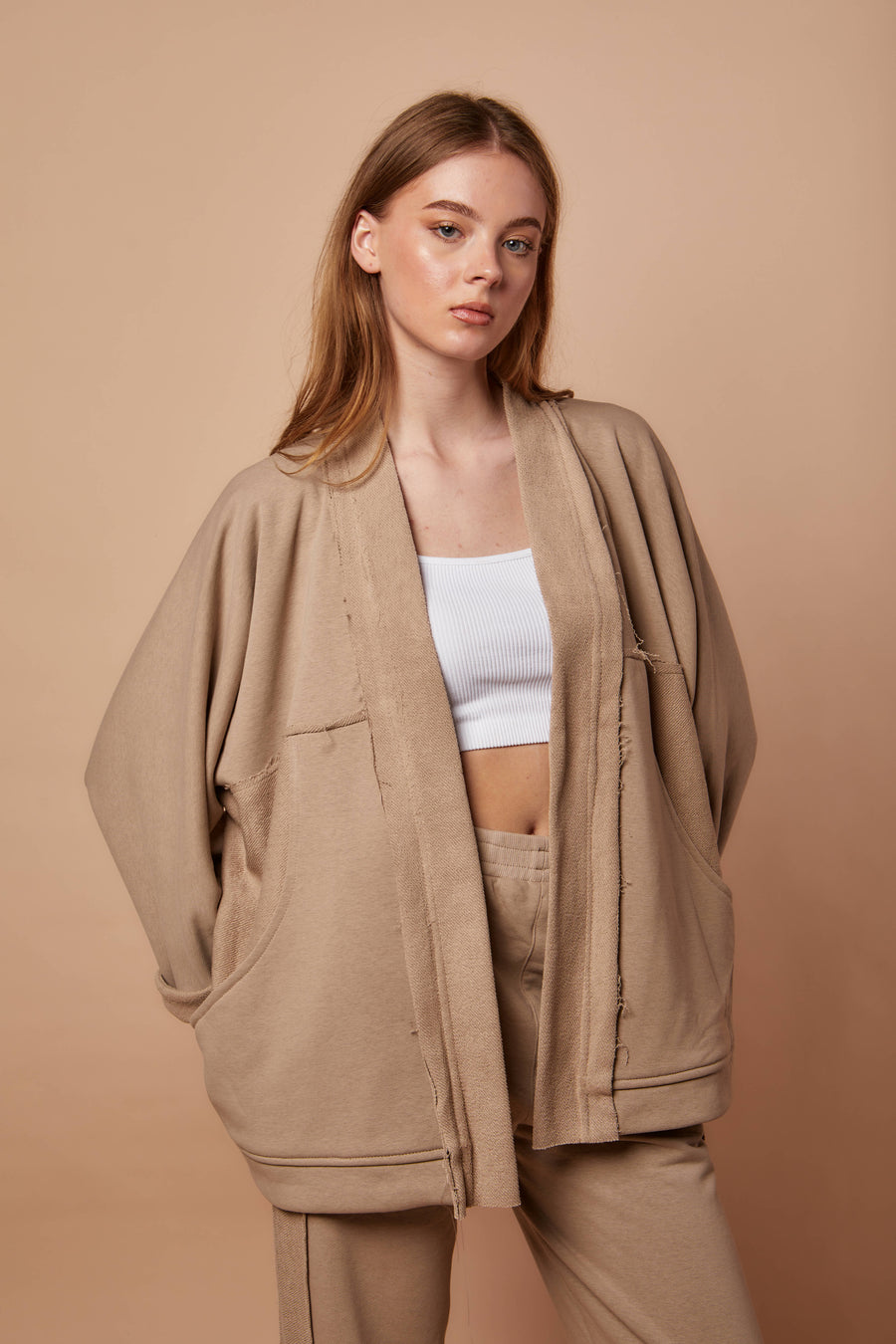 Beige Back and forth melton Cardigan