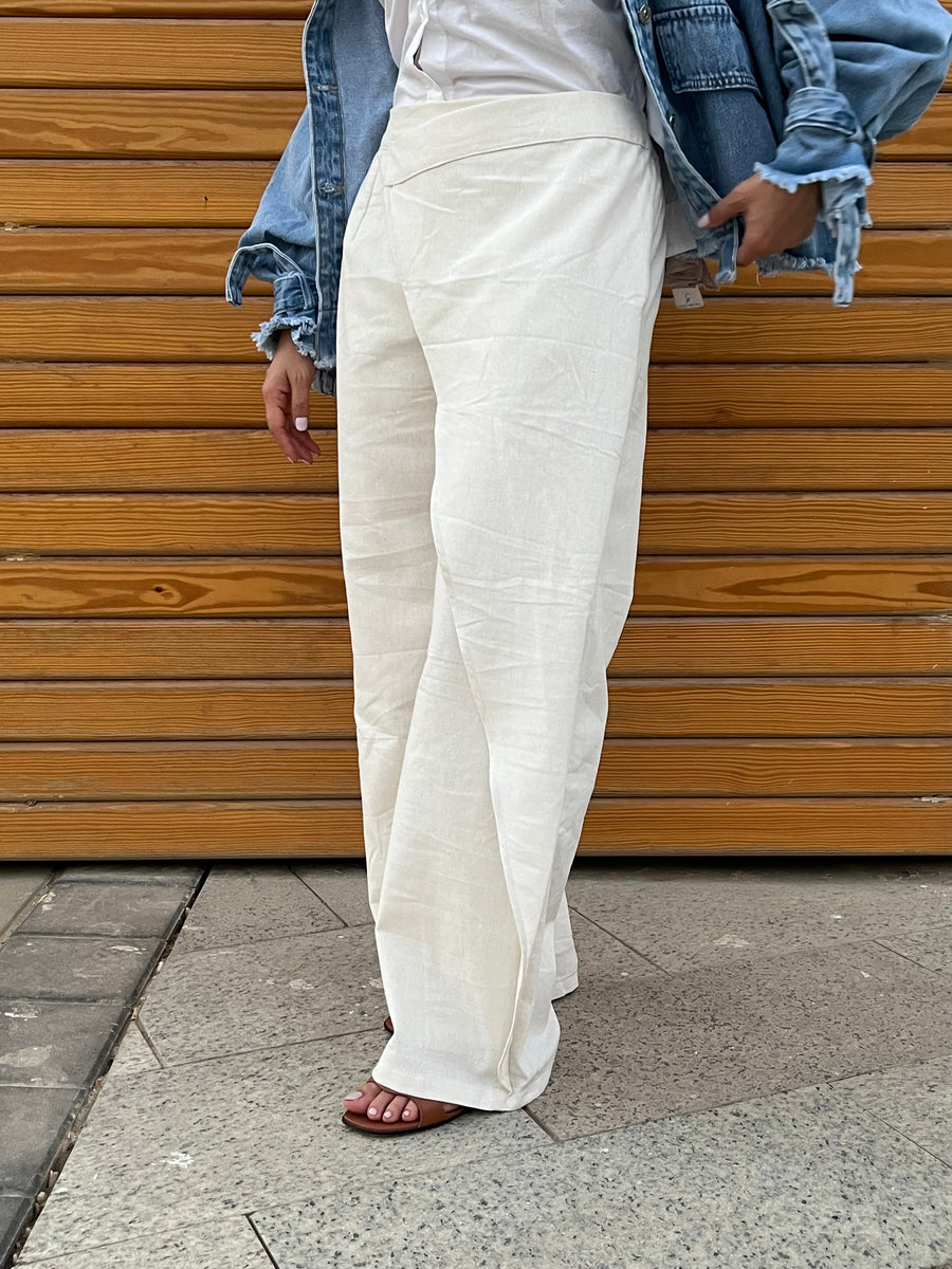 Light Beige Wrap Linen Pants - Coated