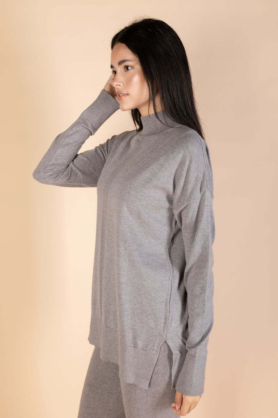 Grey High Neck Knit Pullover