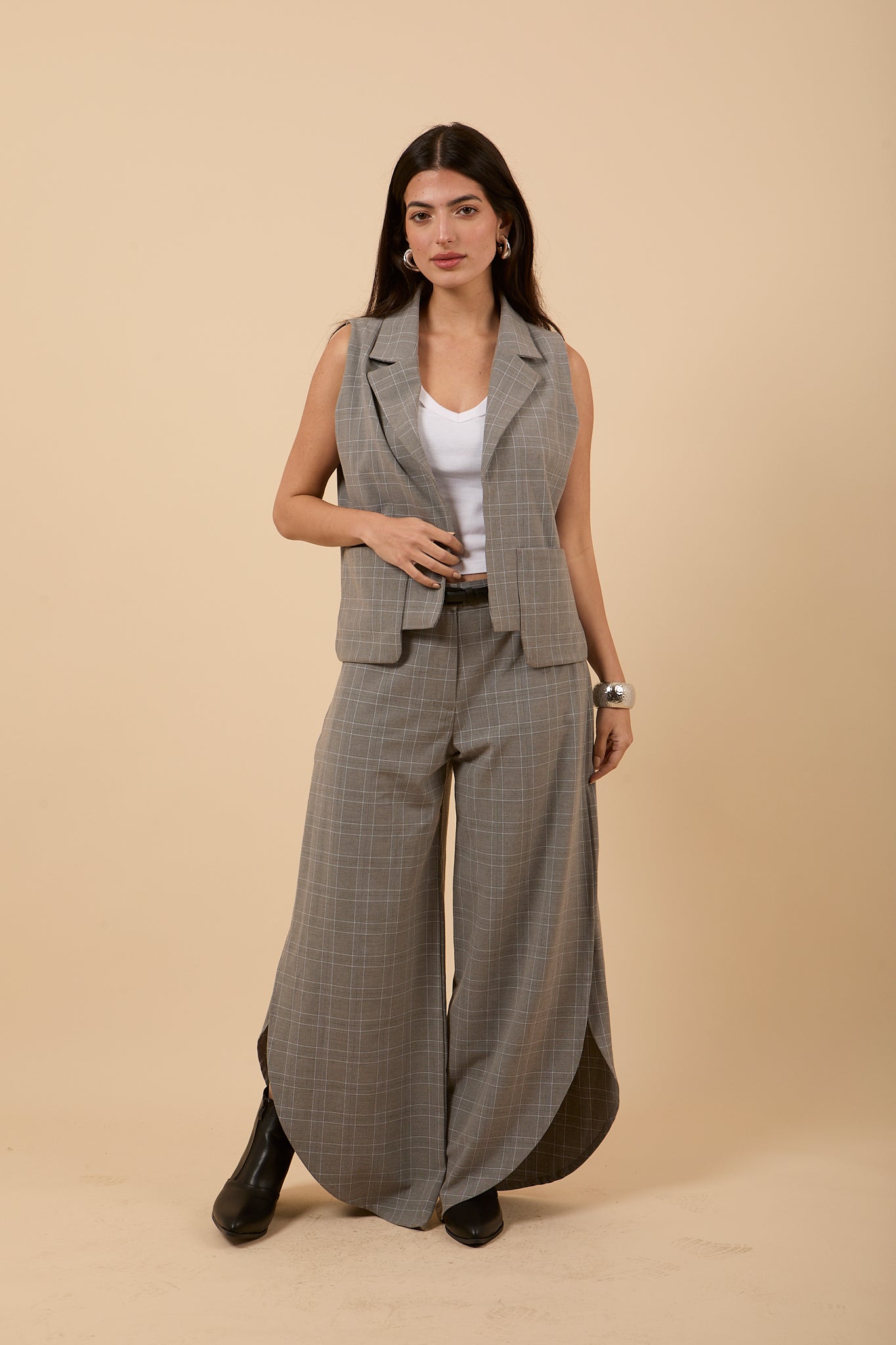 Grey check side vents pants
