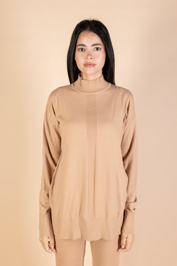 Camel High Neck Knit Pullover