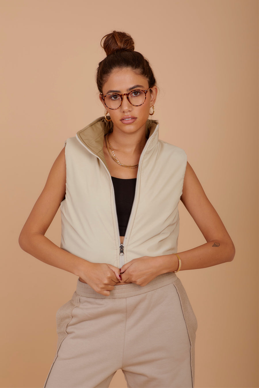 Short double face puffer Vest - Beige