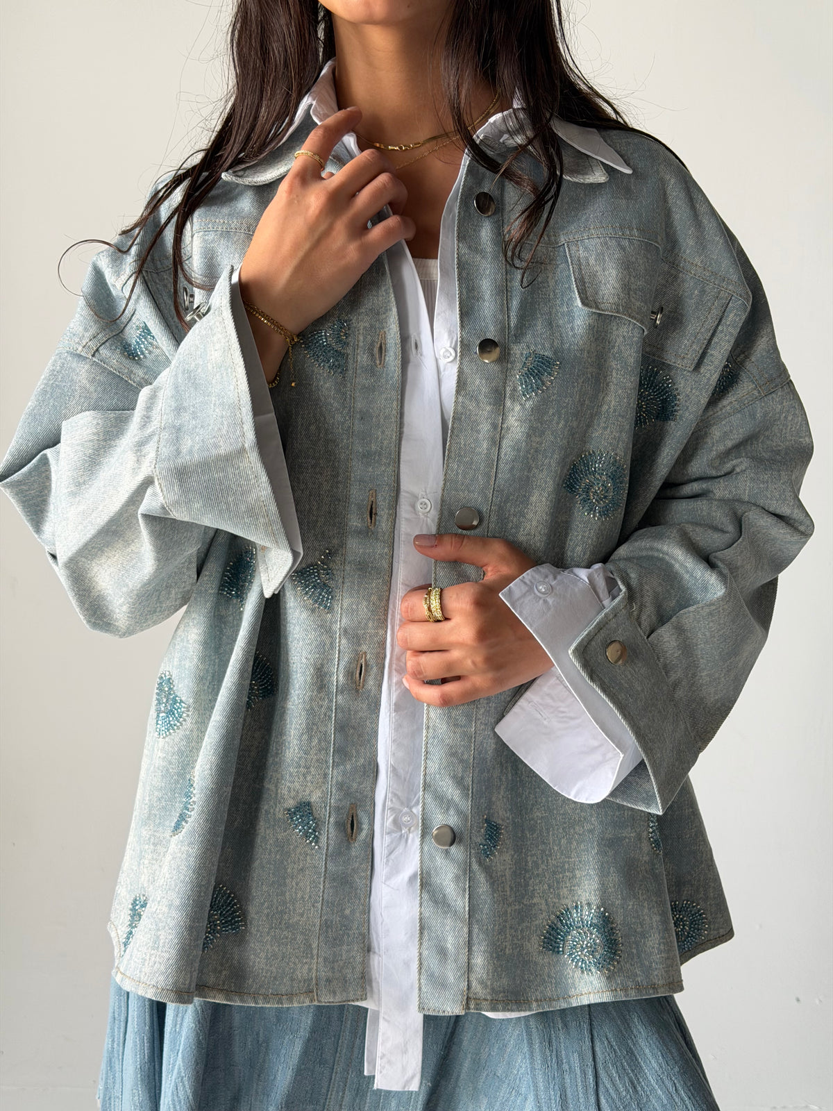Denim shirt embelished shells- Blue