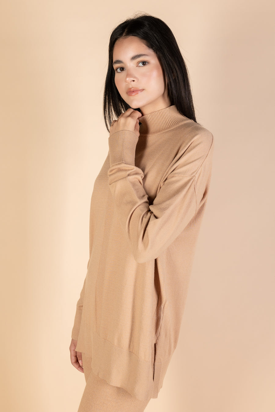 Camel High Neck Knit Pullover