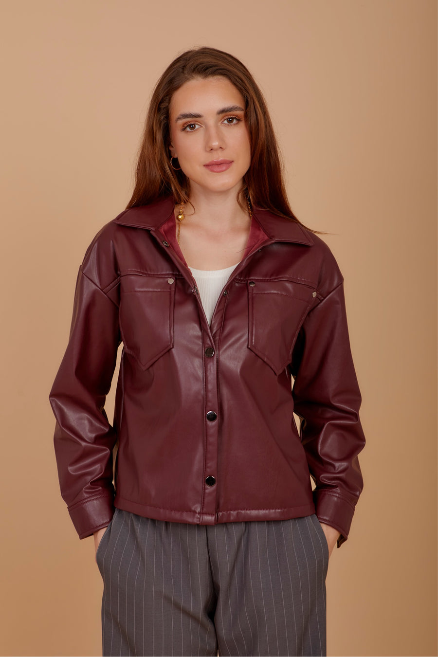 Short leather over-shirt - Burgundy