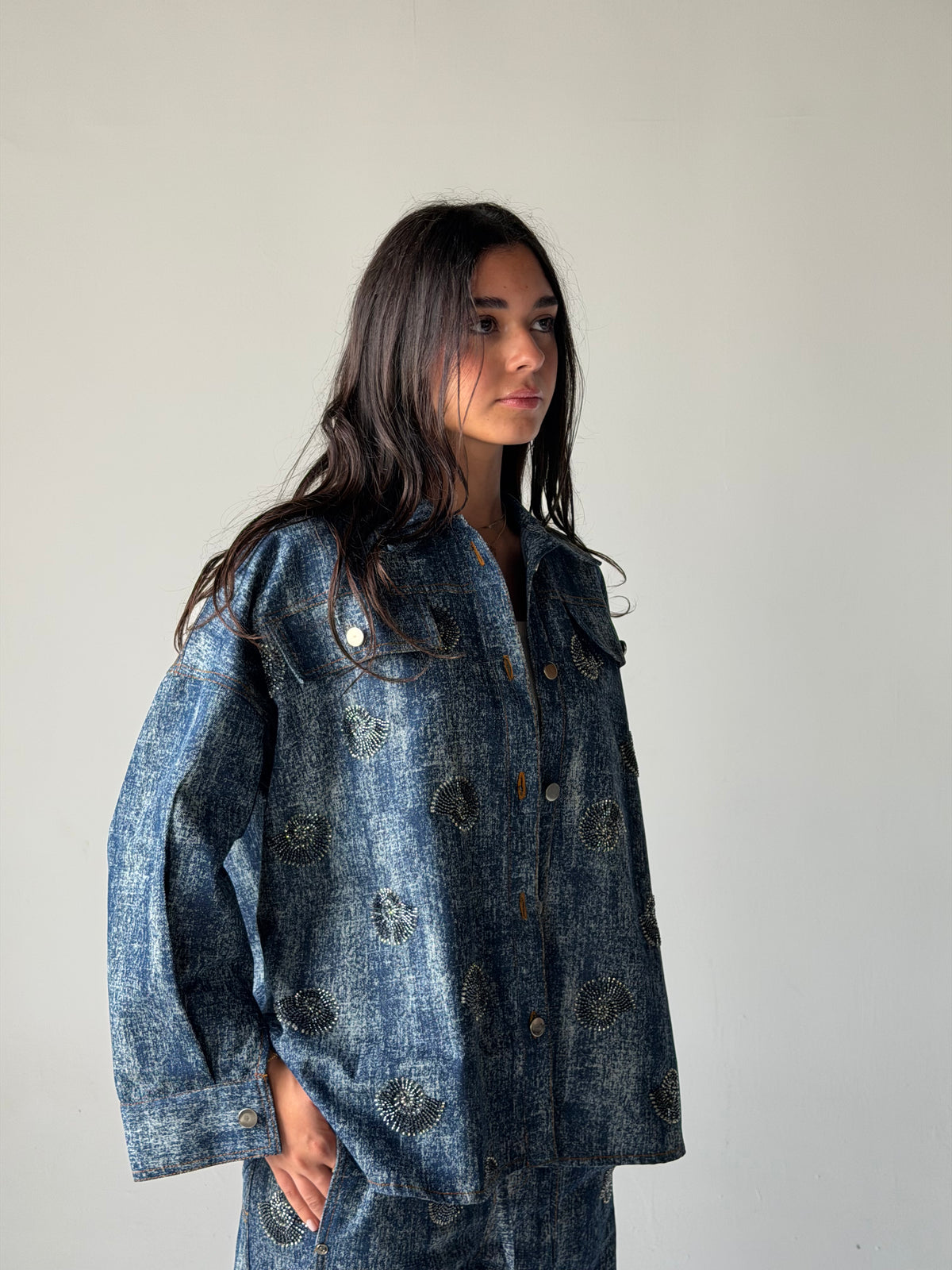 Denim shirt embelished shells- Navy