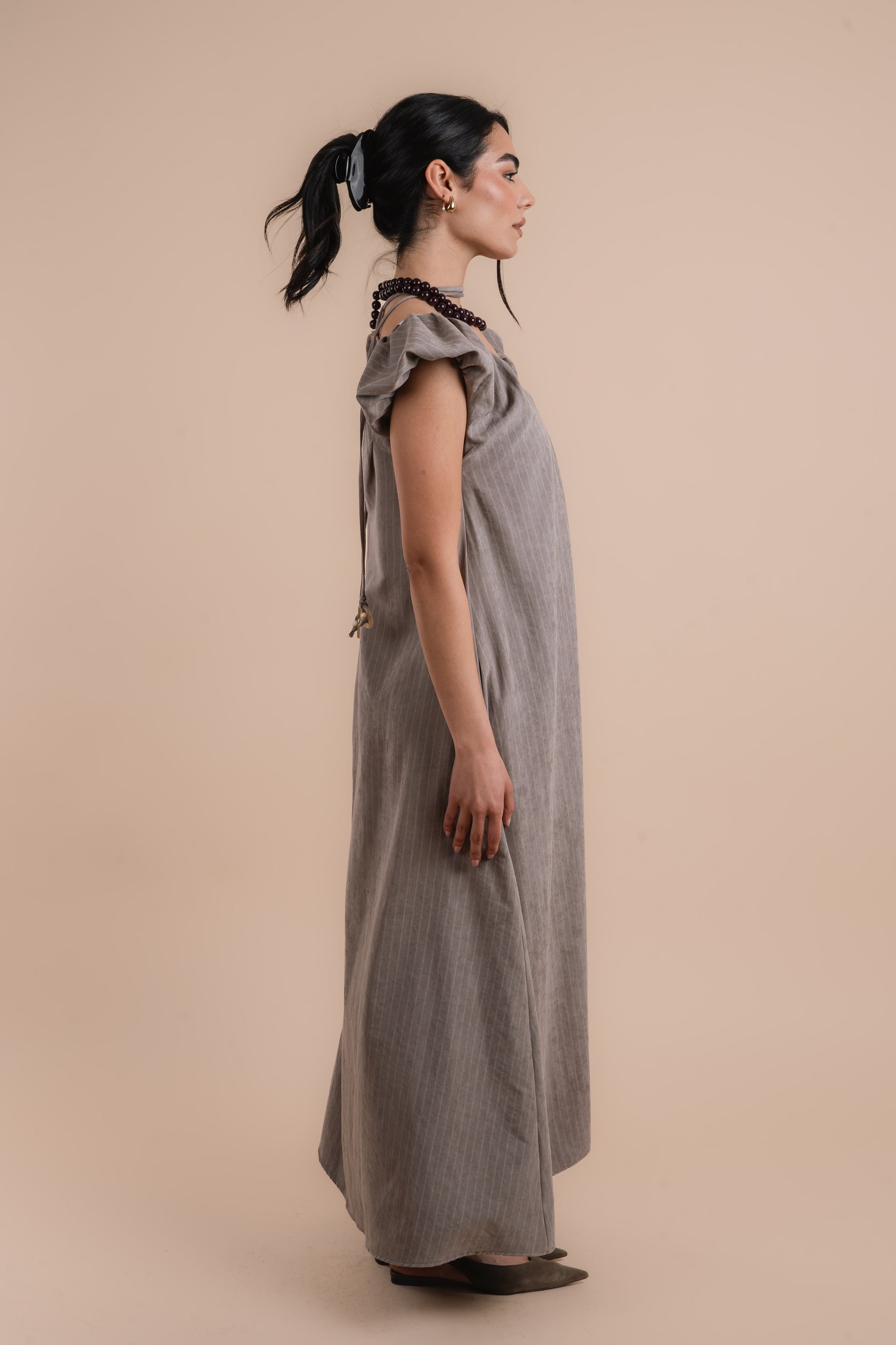 Puff sleeve Dress - Beige stripes