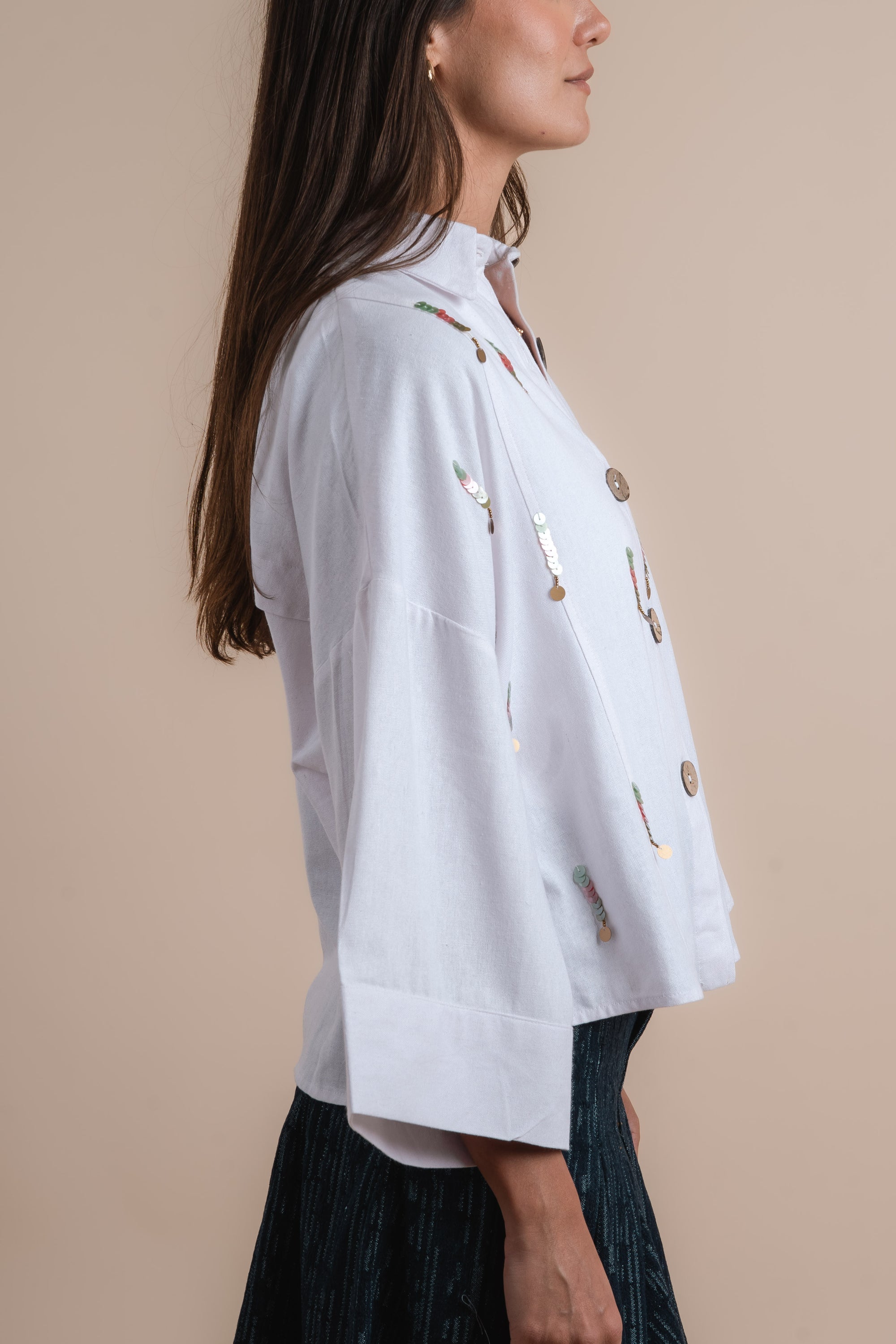 Linen shirt handmade sequins - White