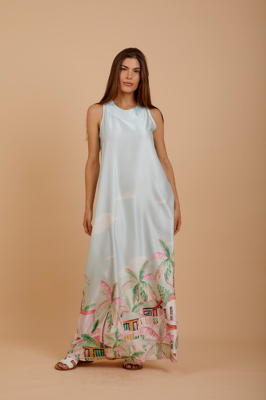 Palm print satin sleeveless Dress