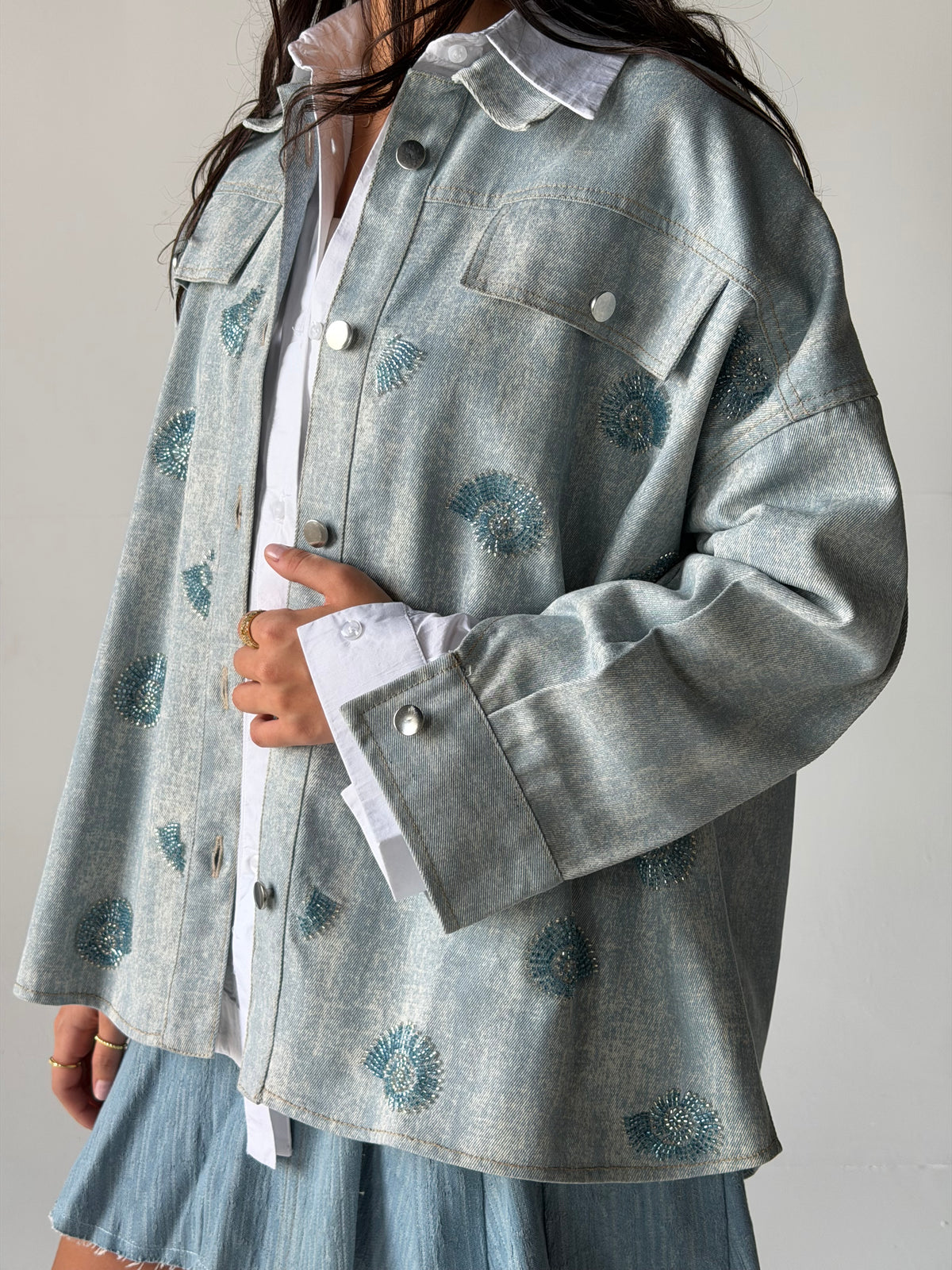 Denim shirt embelished shells- Blue