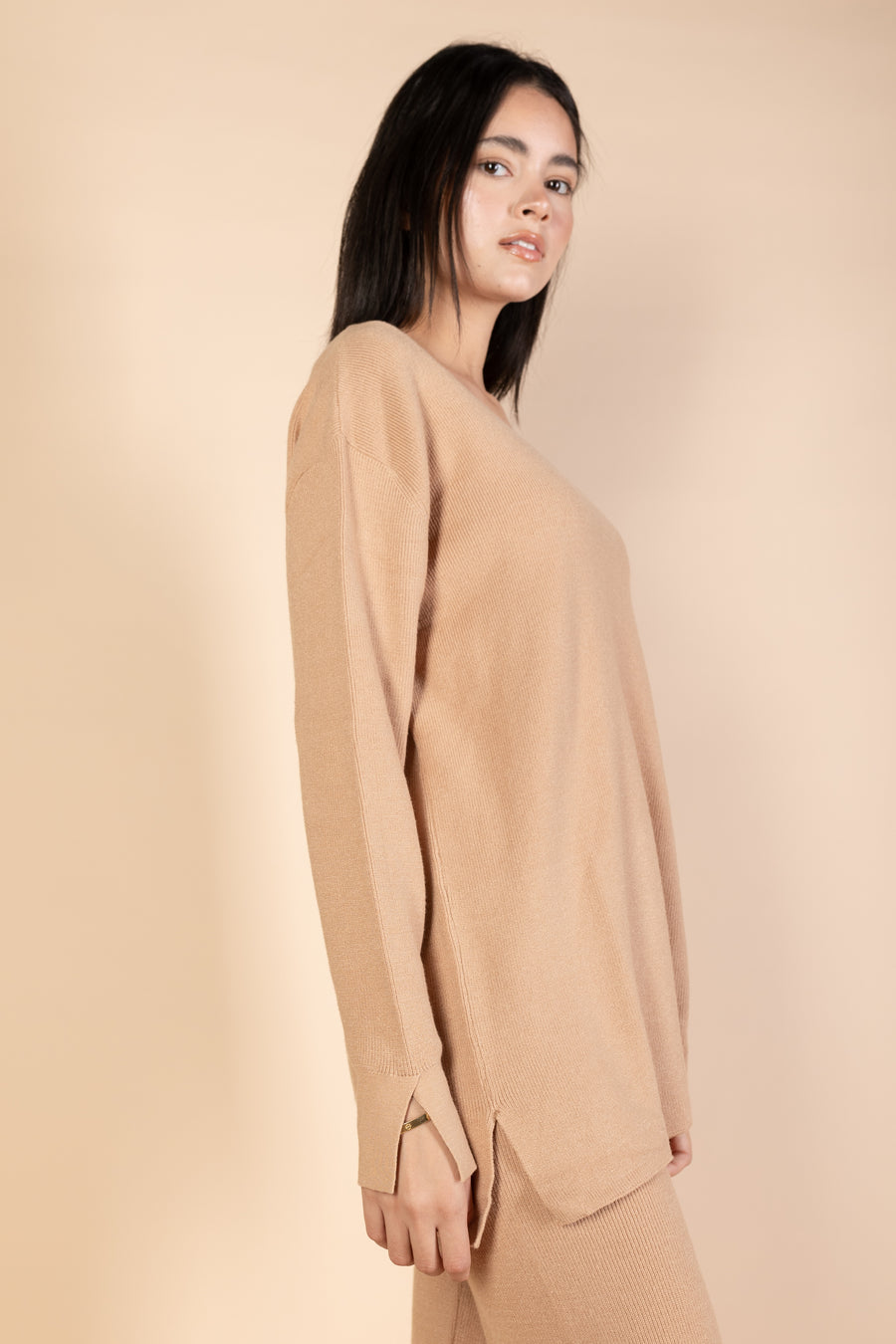 Camel V-Neck Knit Pullover