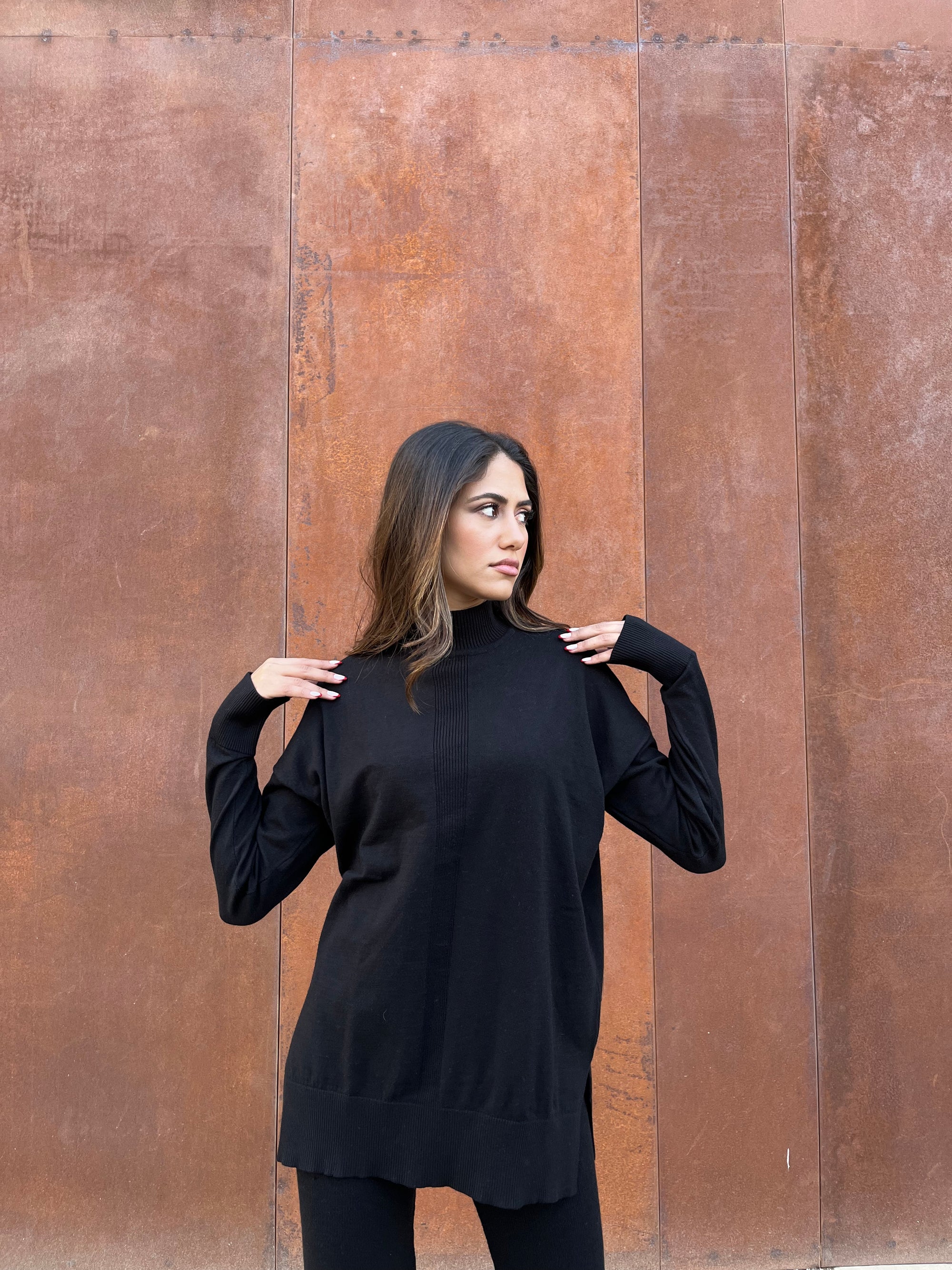 Black High Neck Knit Pullover