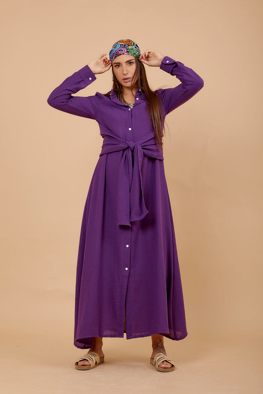 Purple Linen tye around shirt dress