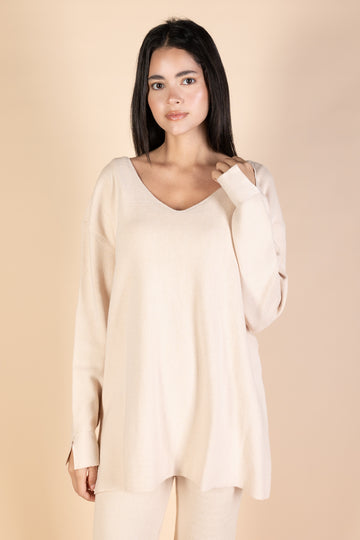 Beige V-Neck Knit Pullover