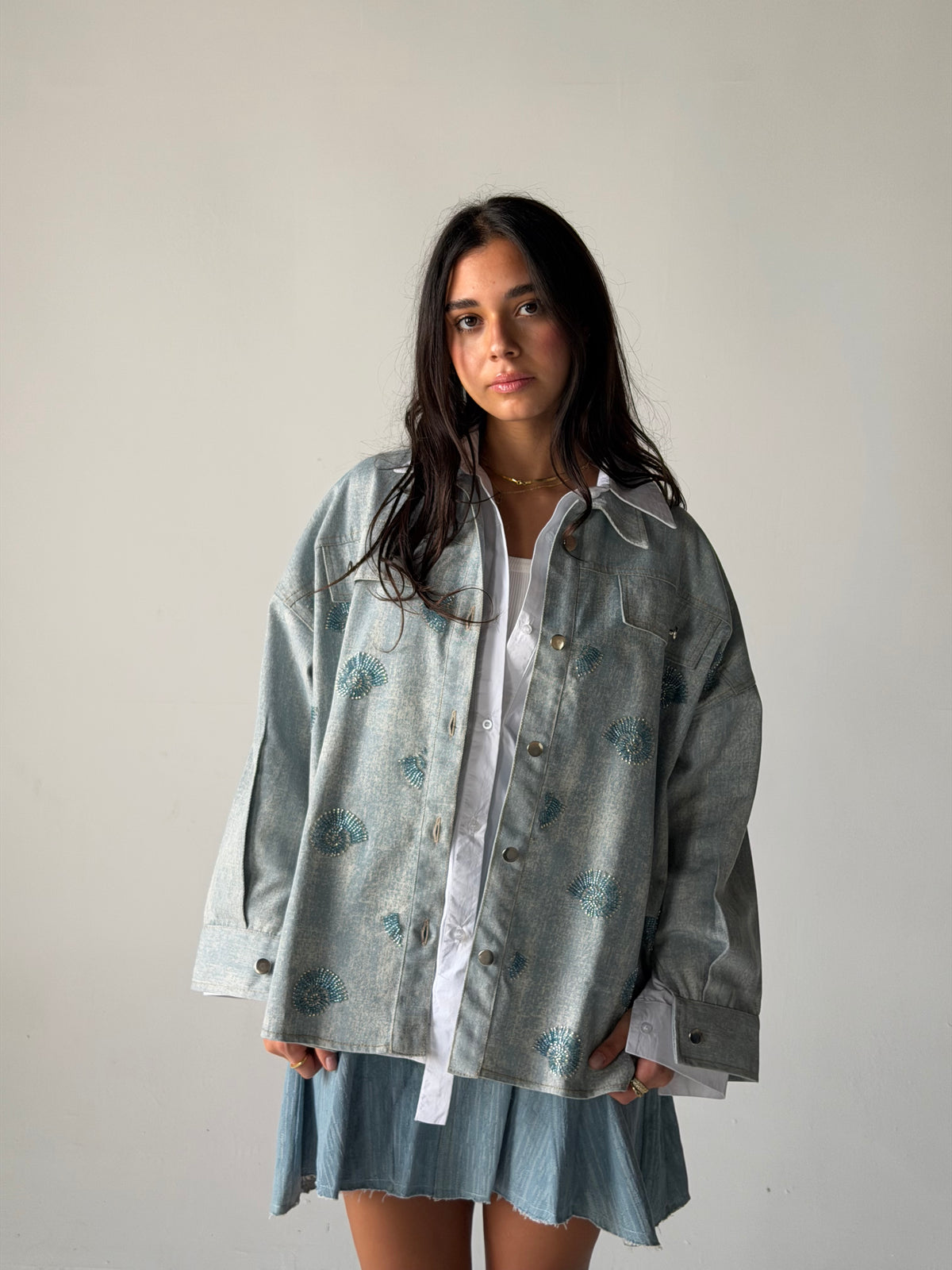 Denim shirt embelished shells- Blue