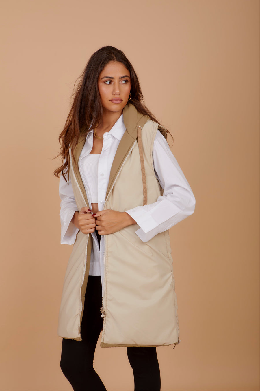 Long on the Go double face puffer Vest - Beige