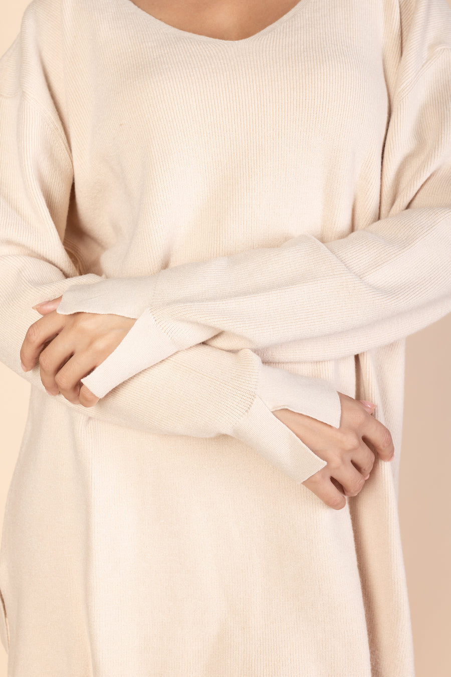 Beige V-Neck Knit Pullover