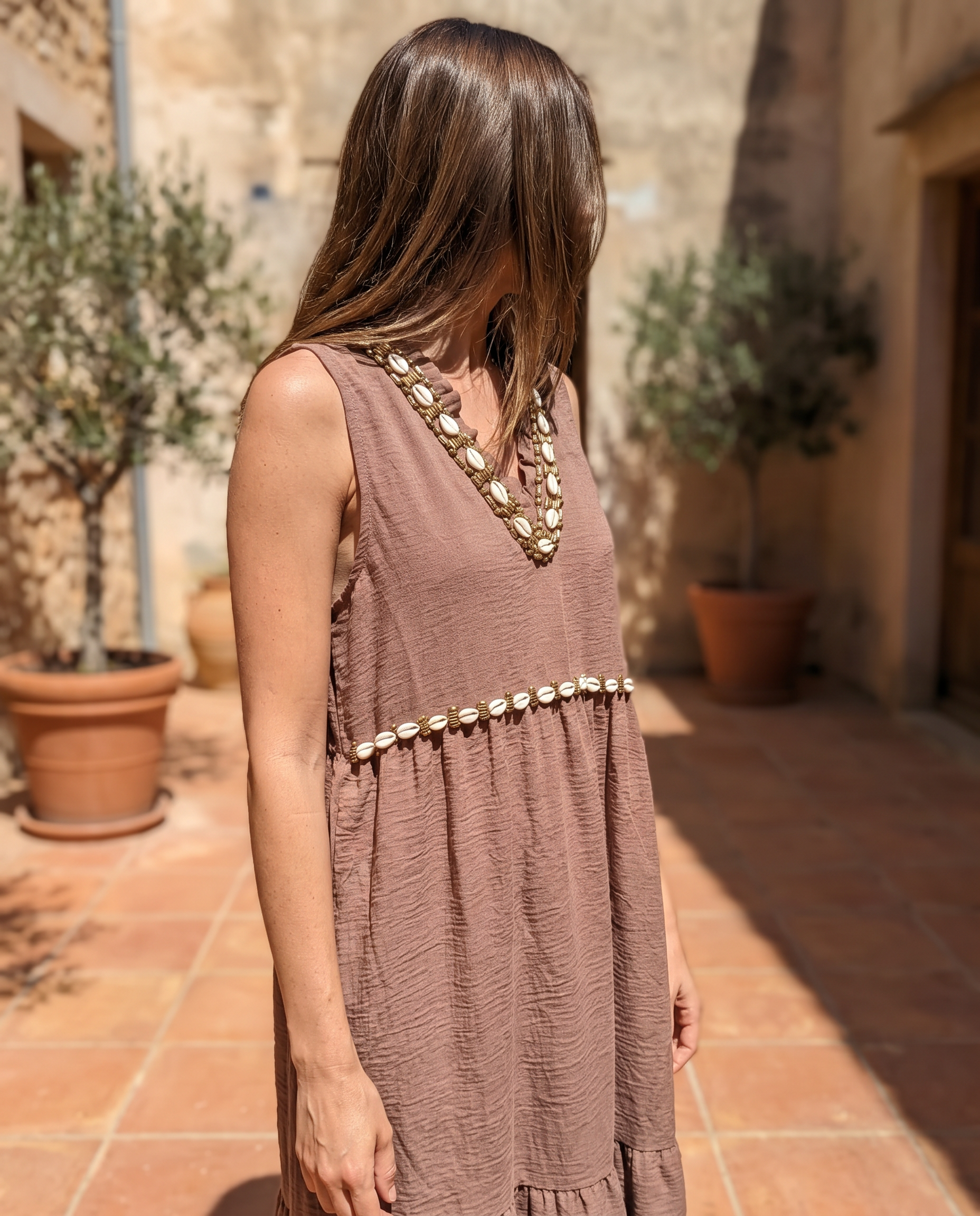 Handmade Embelishment shells dress - Brown
