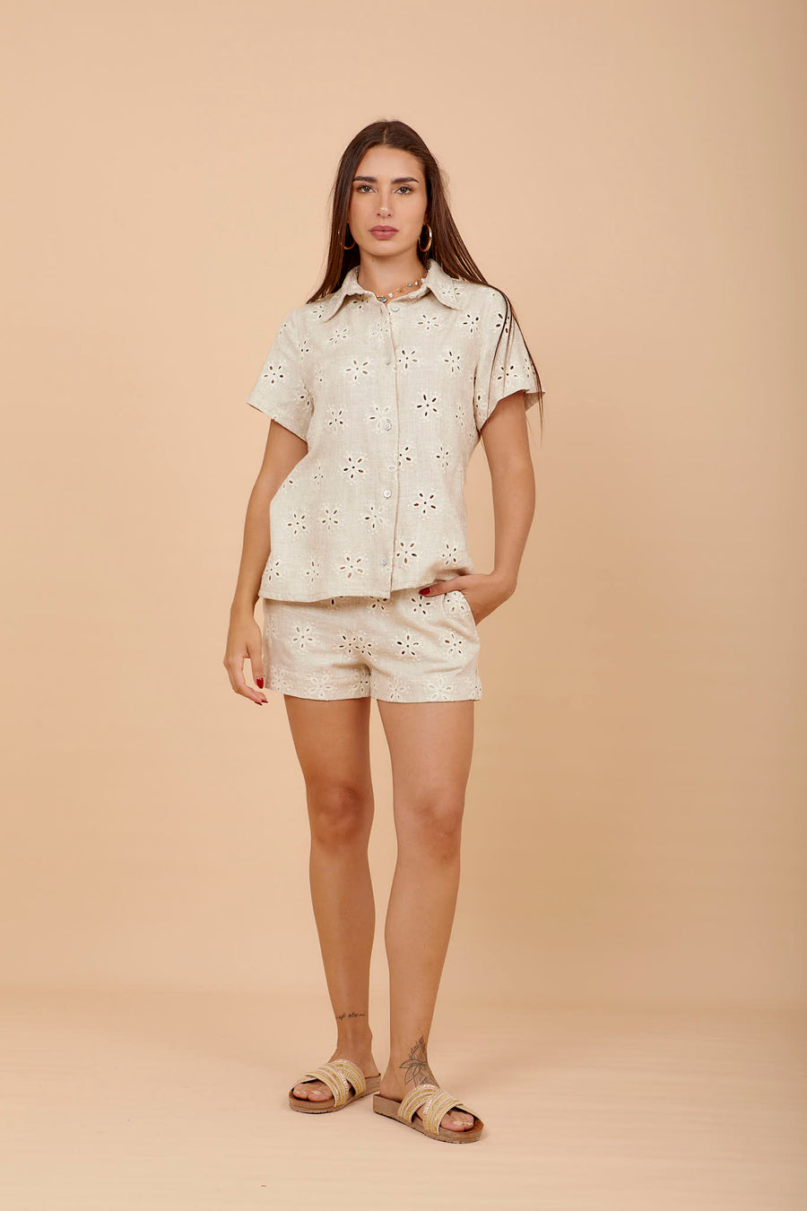 Beige embroidered short and shirt set