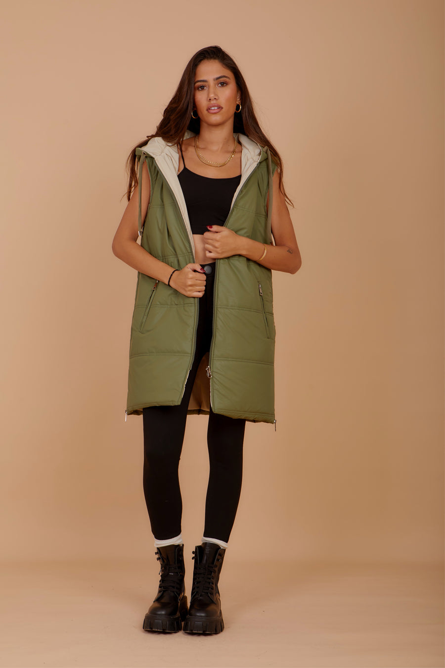 ( Restocking ) Long on the Go double face puffer Vest - Olive