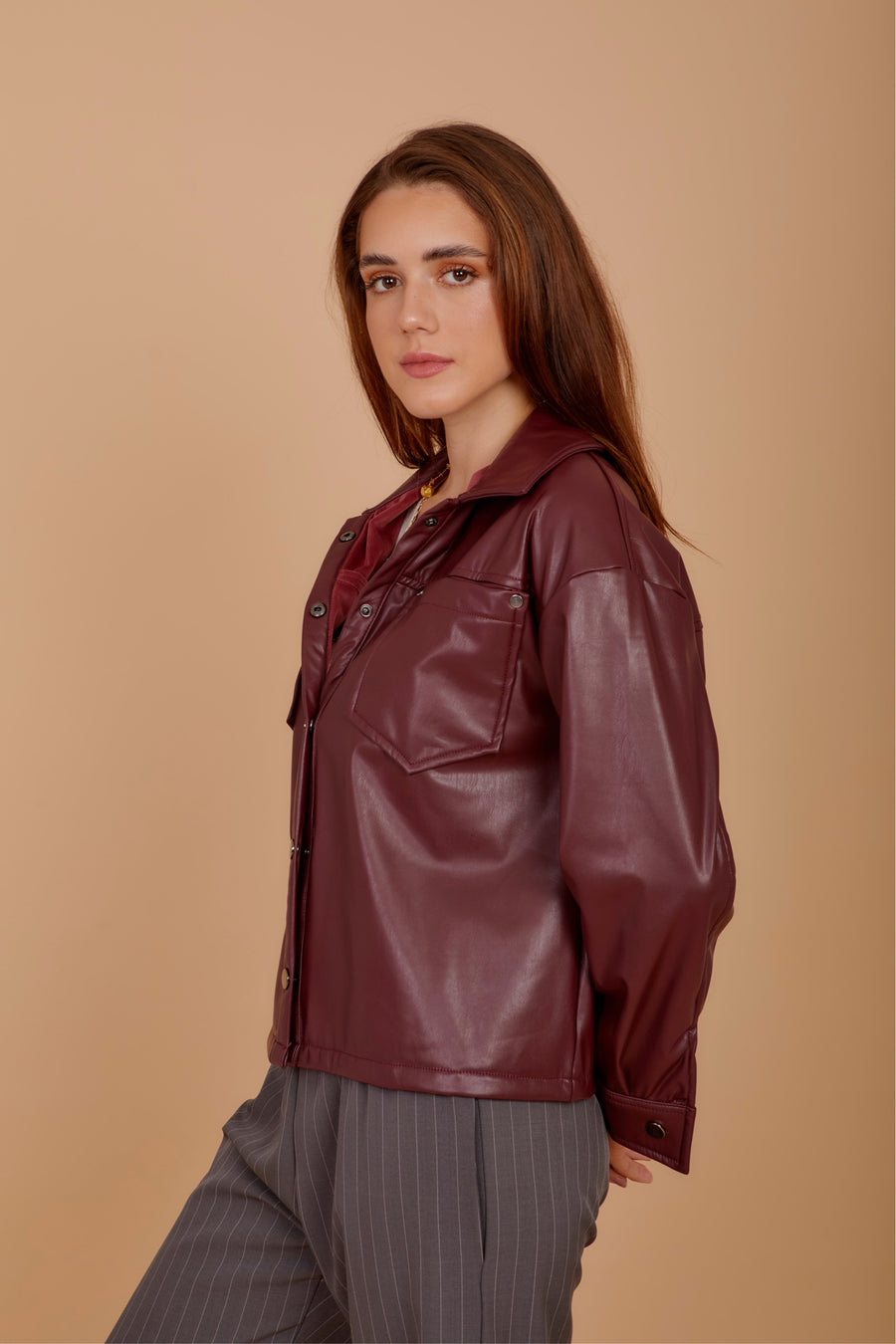 Short leather over-shirt - Burgundy