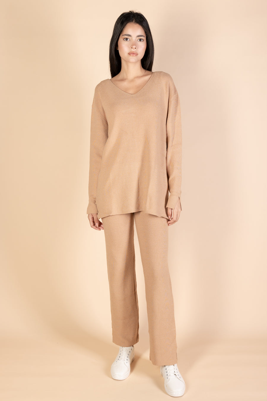 Camel V-Neck Knit Pullover