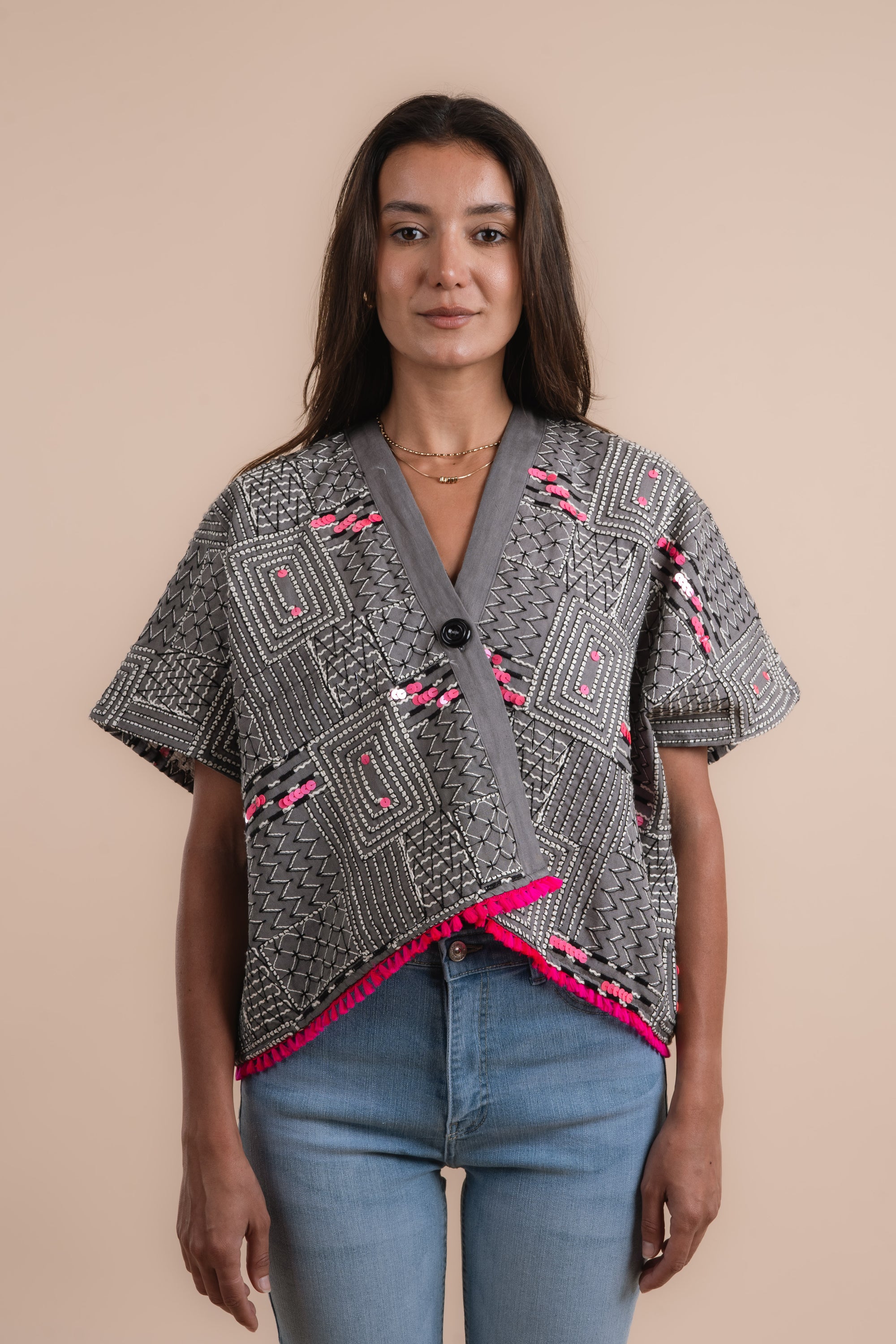 Grey &amp; Black embroidered Linen Shirt