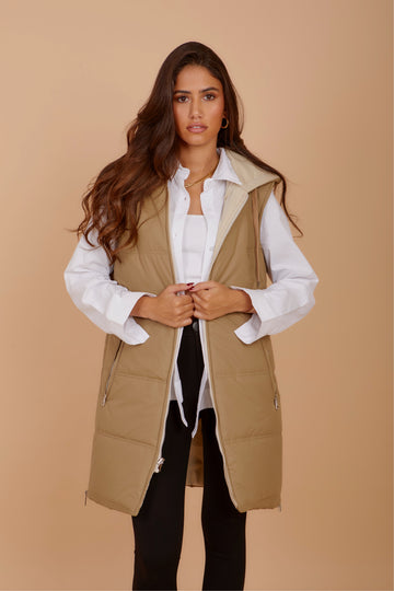 Long on the Go double face puffer Vest - Beige