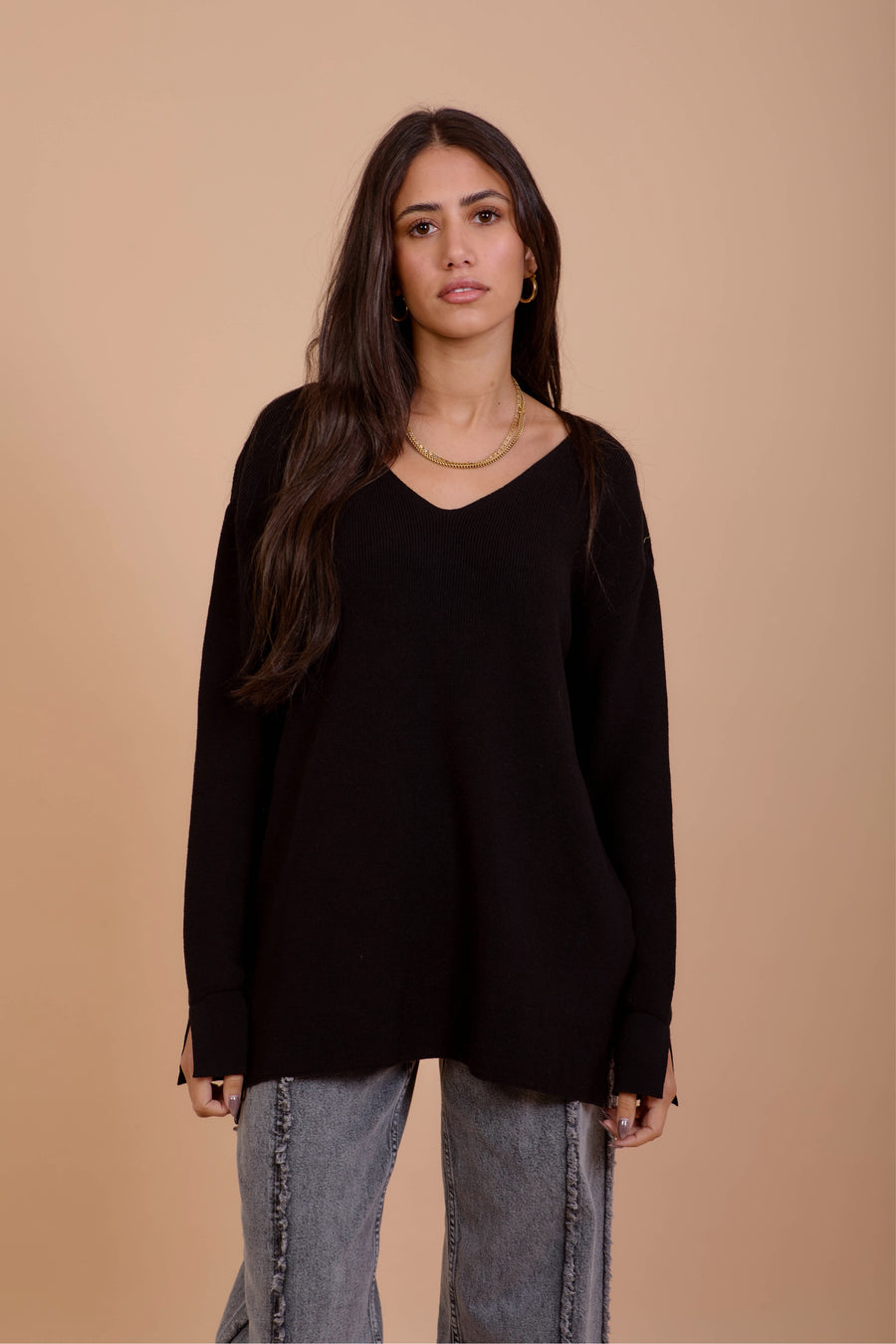 Black V-Neck Knit Pullover