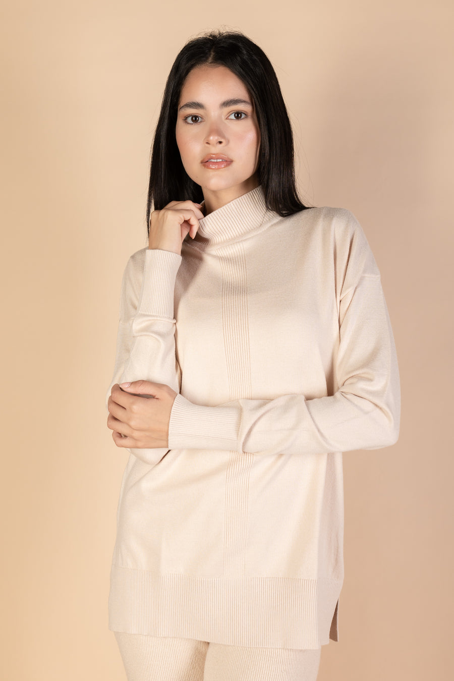 Beige High Neck Knit Pullover