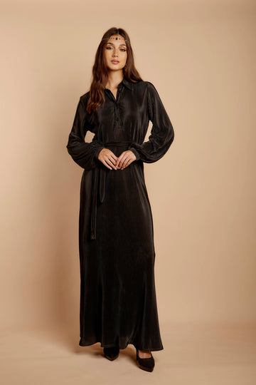 Black thin pleated satin Dress