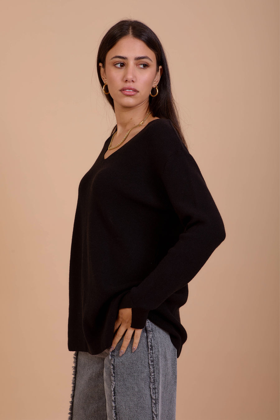 Black V-Neck Knit Pullover