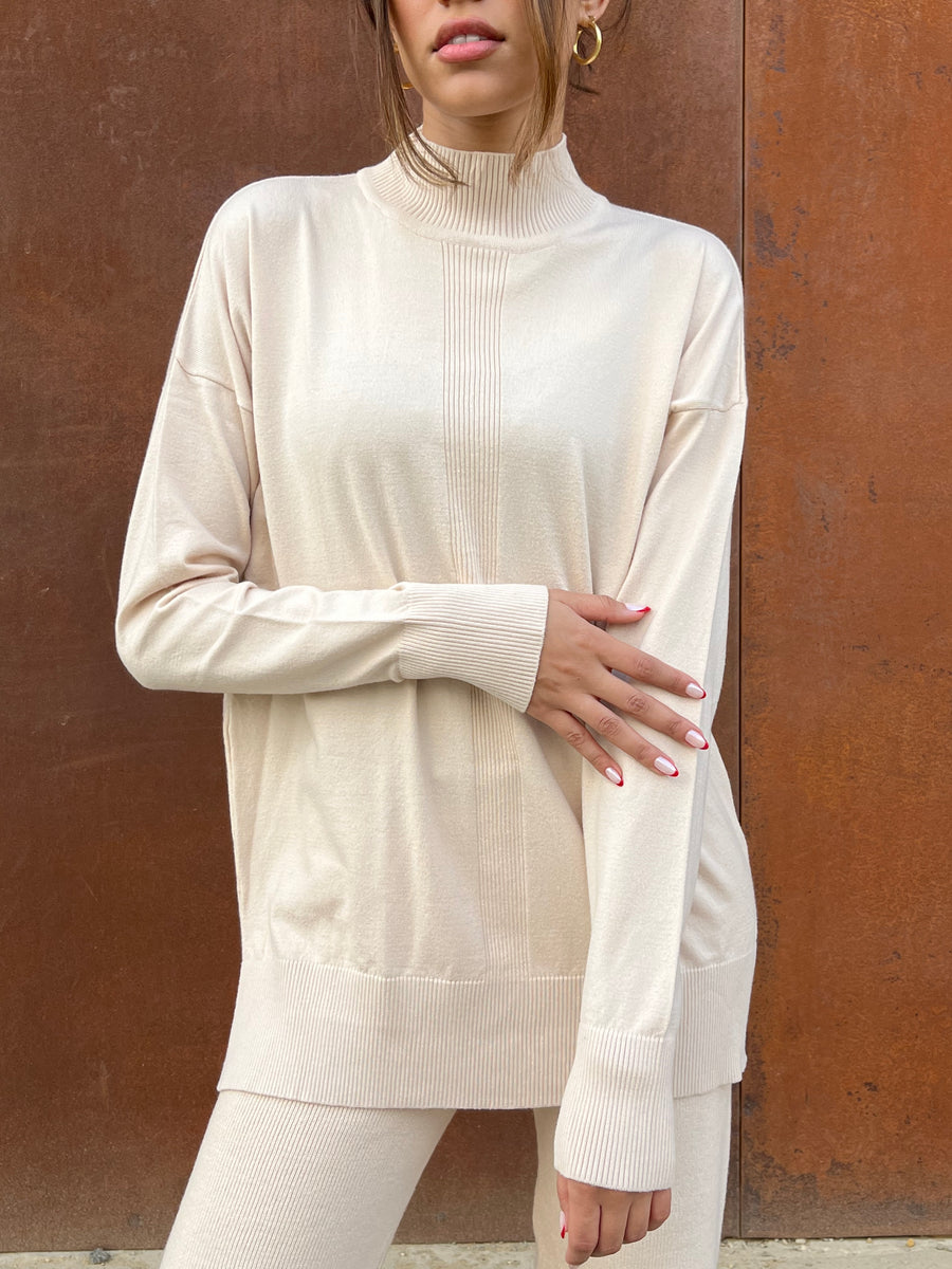 Beige High Neck Knit Pullover