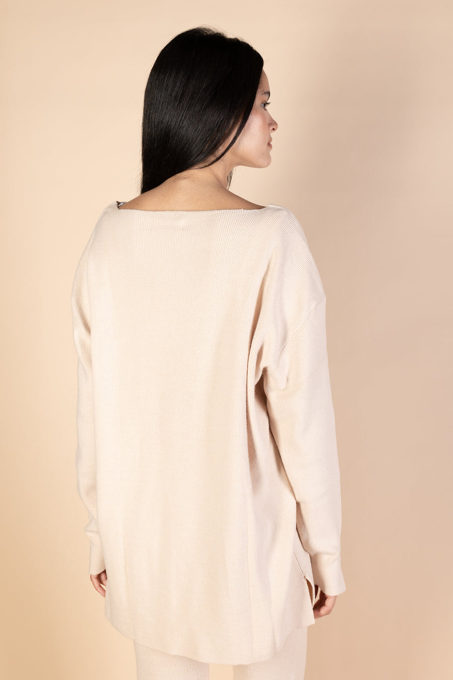 Beige V-Neck Knit Pullover