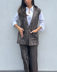 Brown wool check Long vest