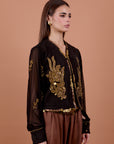 Suede Blouse,chiffon sleeves Golden handmade Work