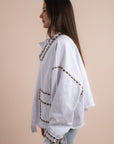 Restocking _white denim jacket gold embelishments