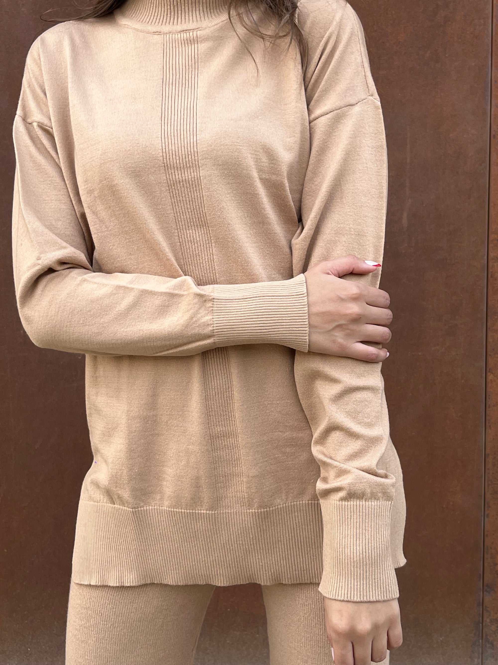 Camel High Neck Knit Pullover