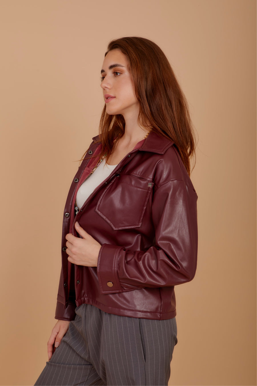 Short leather over-shirt - Burgundy