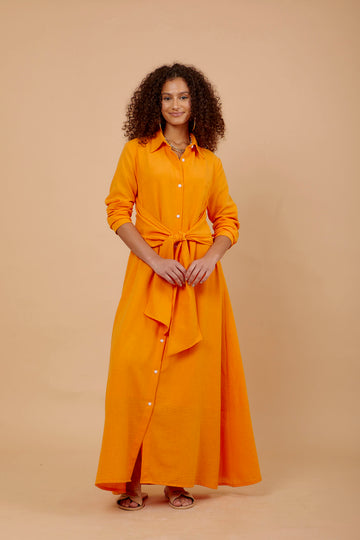 Orange Linen tye around shirt dress